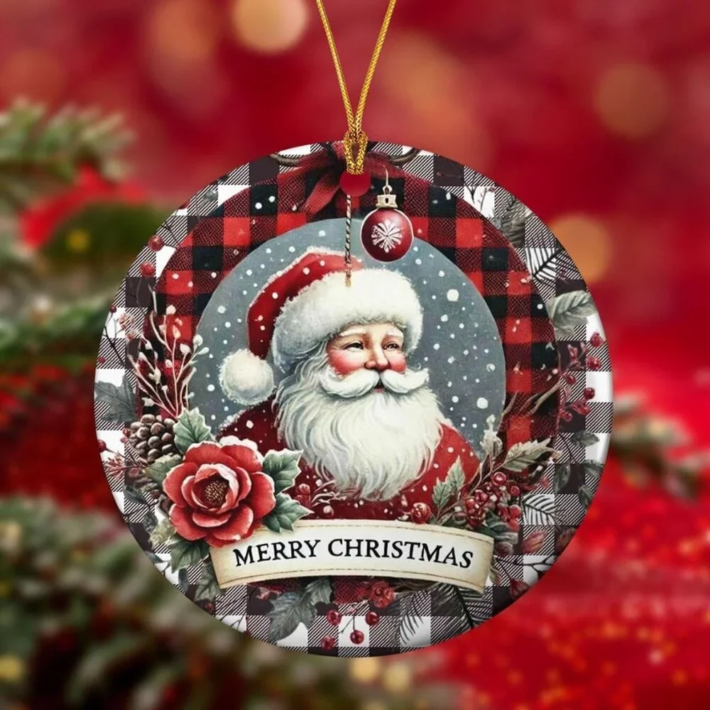Set of 2 Acrylic Santa Claus Christmas Tree Ornaments Round Hanging Decor
